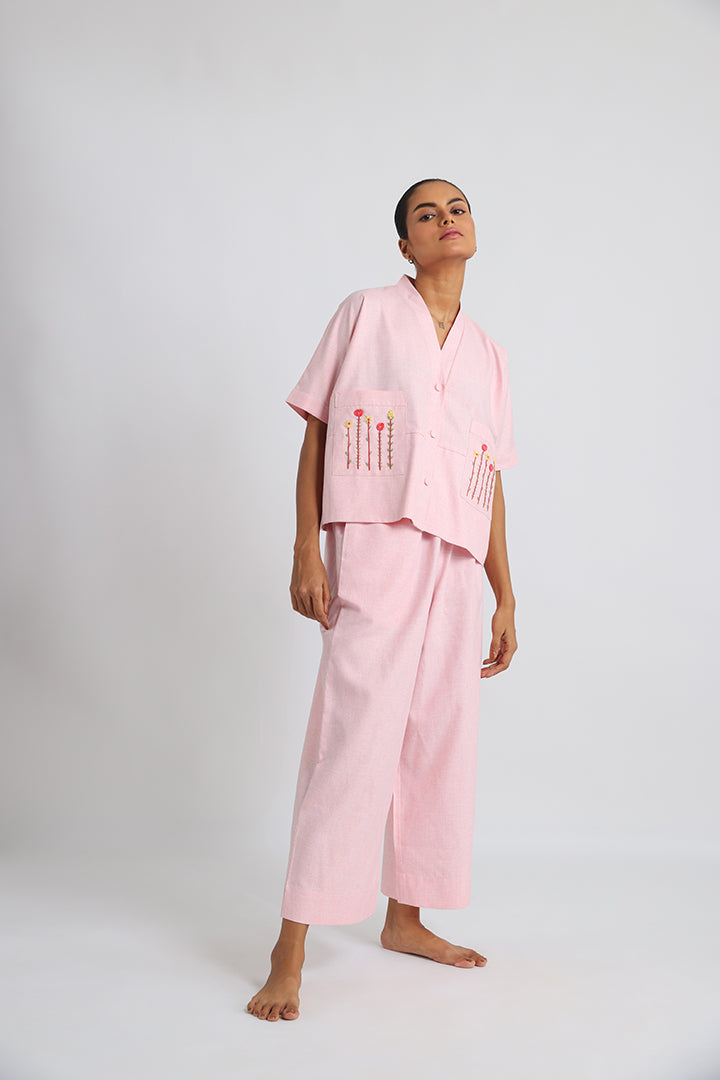 Pink Anti-fit Co-ord Set with Hand Embroidery Detail and Broad Pants