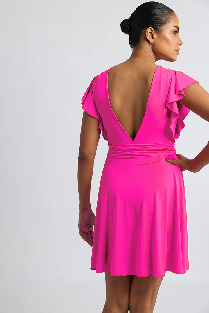 Fuchsia Pink Frock-Style Swim Suit with Wrap Top and Frill Sleeves