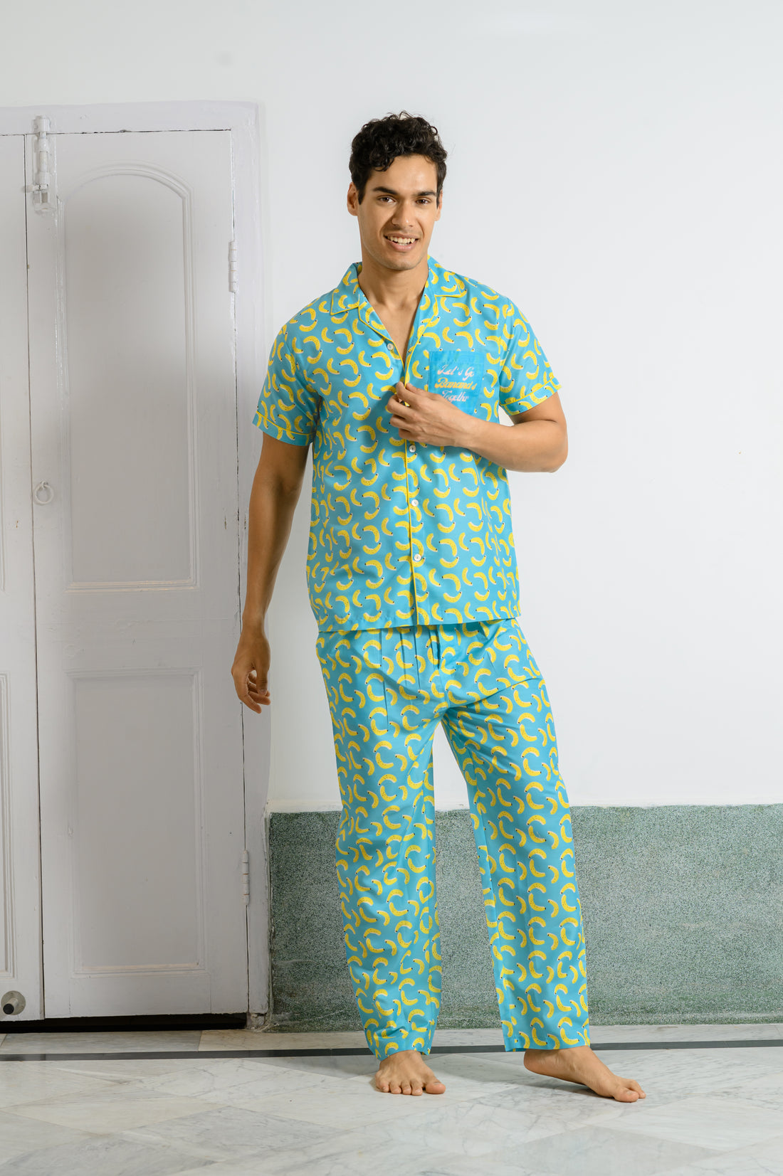 Sky Blue Banana Print Night Suit: Let's Go Bananas Together