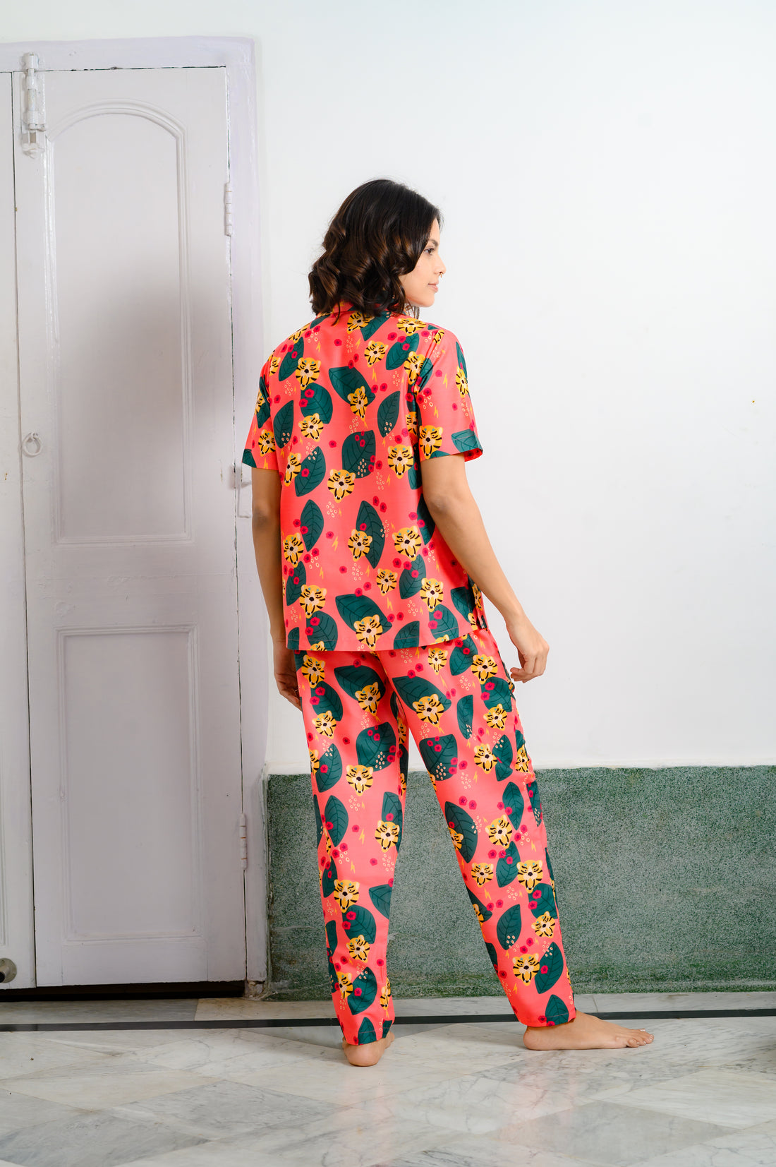 Roar in Style: Quirky Tiger Print Pajama Set in Salmon Pink