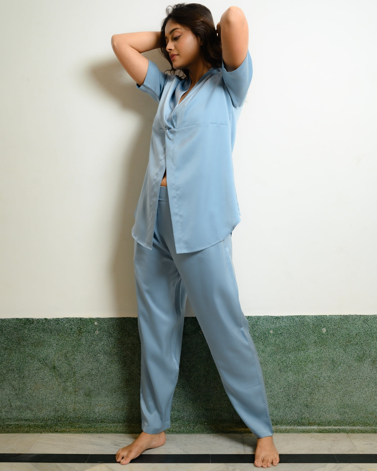 Satin Sky – Powder Blue Satin Pajama Set