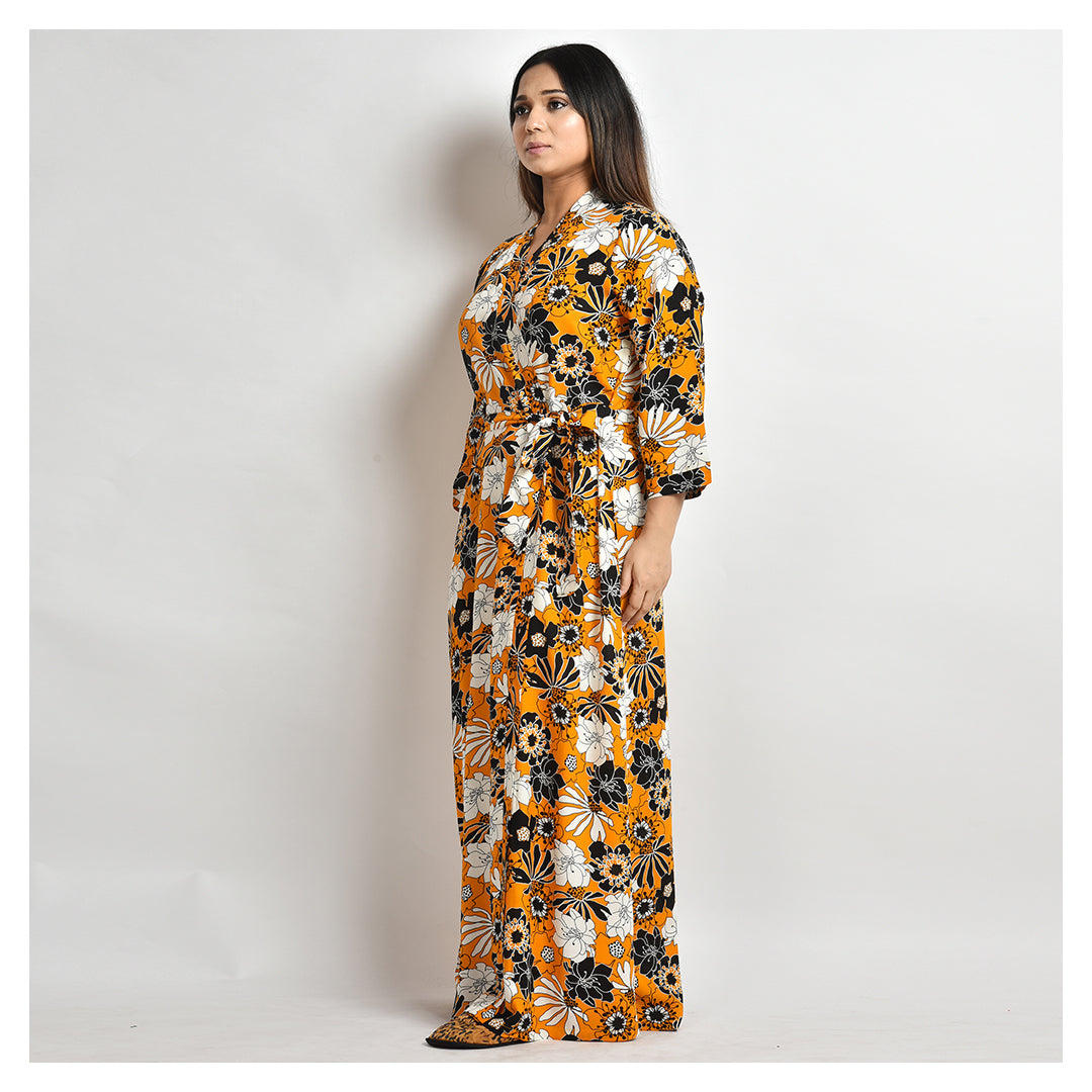 Trendy & Comfortable Women's Mustard Floral Print Cotton Rayon Robe