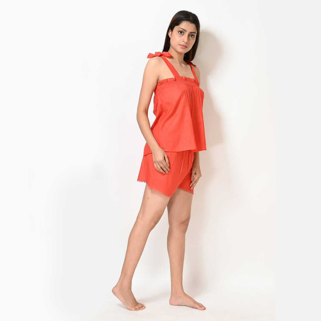 Orange Polka Dot Women's Cotton Nightwear Set with Top and Shorts
