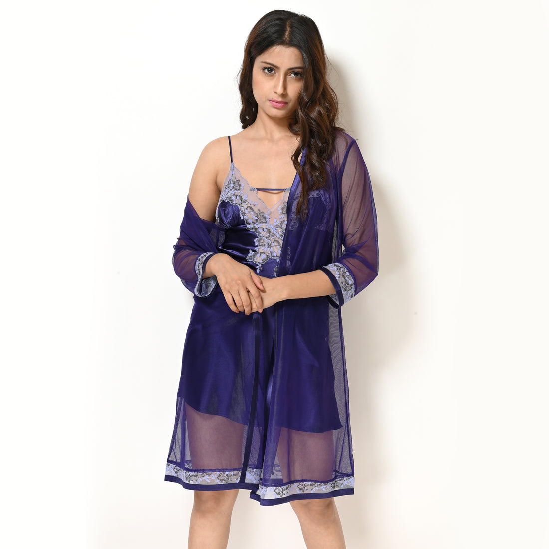Indigo Satin Short Nighty Gown Set For Women