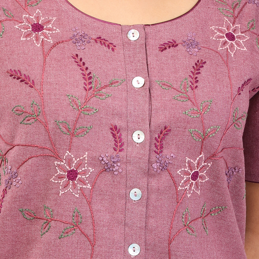Women Maroon Hand Embroidery Spun Cotton Nighty