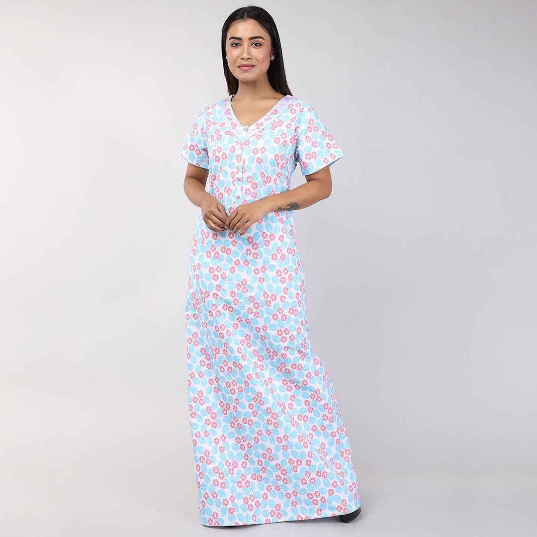 Women Blue Floral Machine Embroidery Cotton Nighty