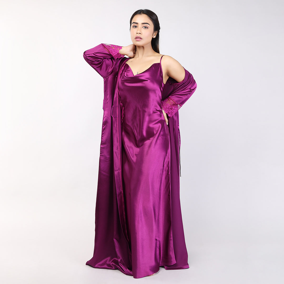 Purple Satin Bridal Nighty Gown Set for Women