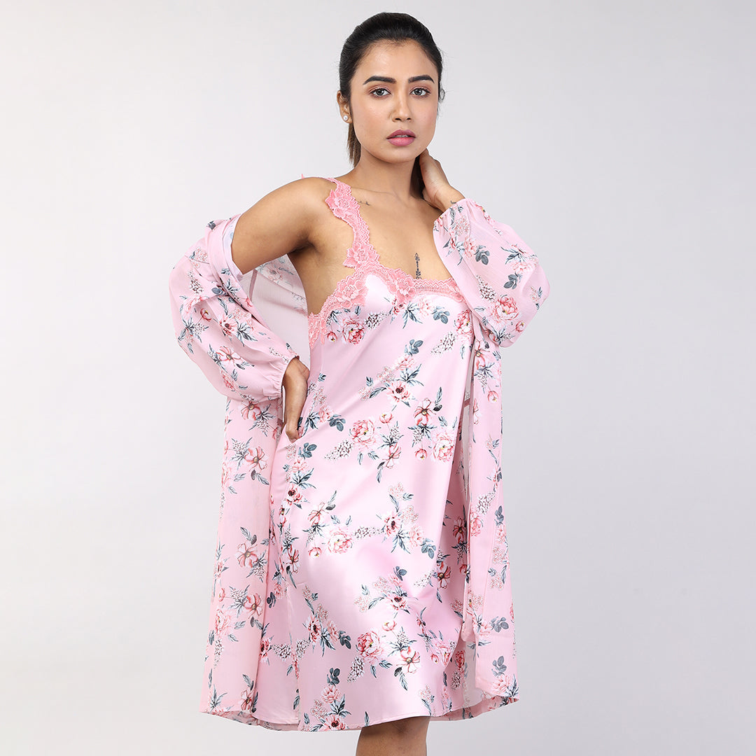 Stylish Floral Peach Women's Short Nighty Gown Set