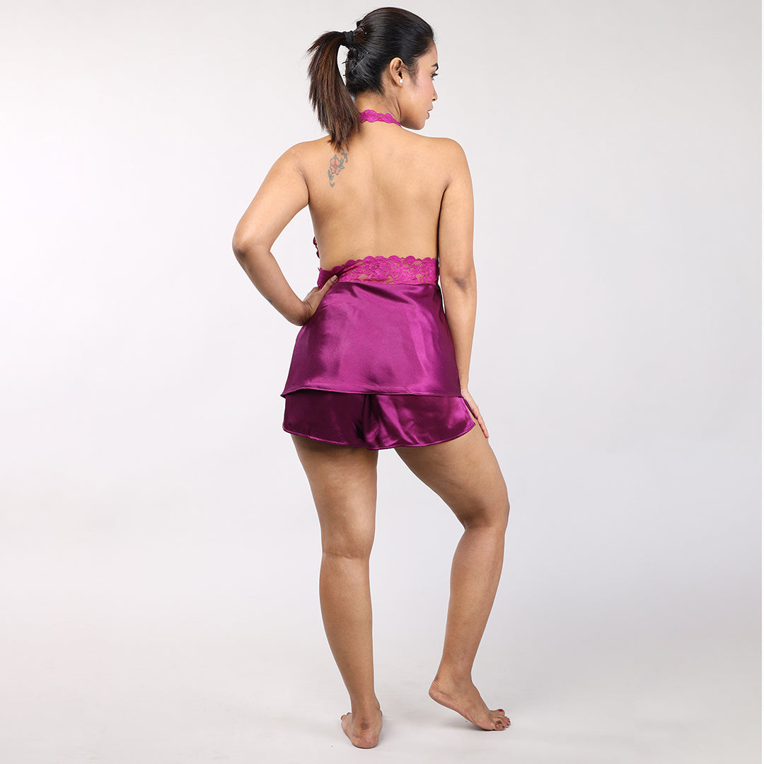 Celebrate Comfort and Style with our Purple Satin Halter Neck Shorts Set for Women