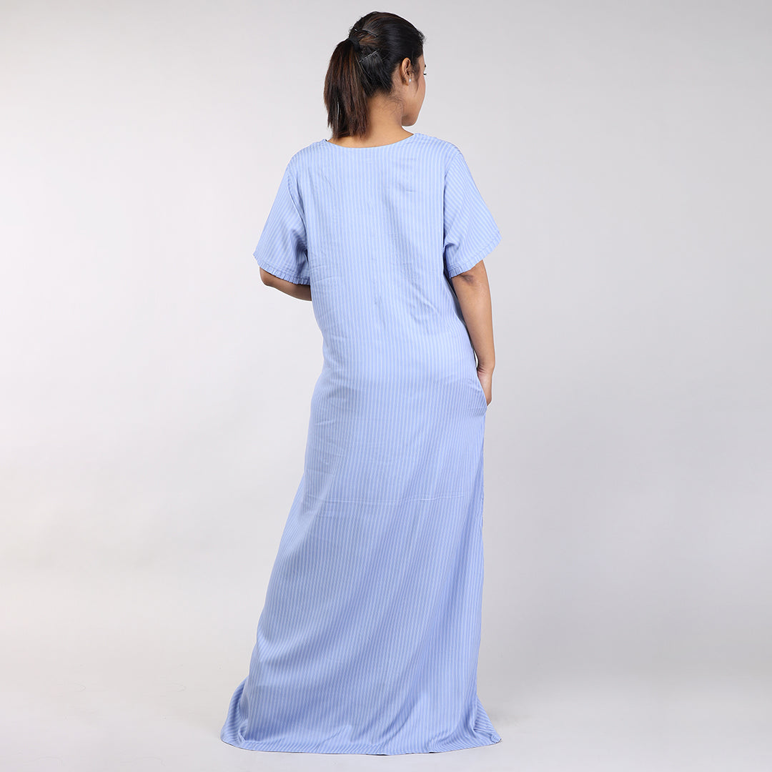Women Stripes Blue Mahcine Embrodery Rayon Cotton Nighty