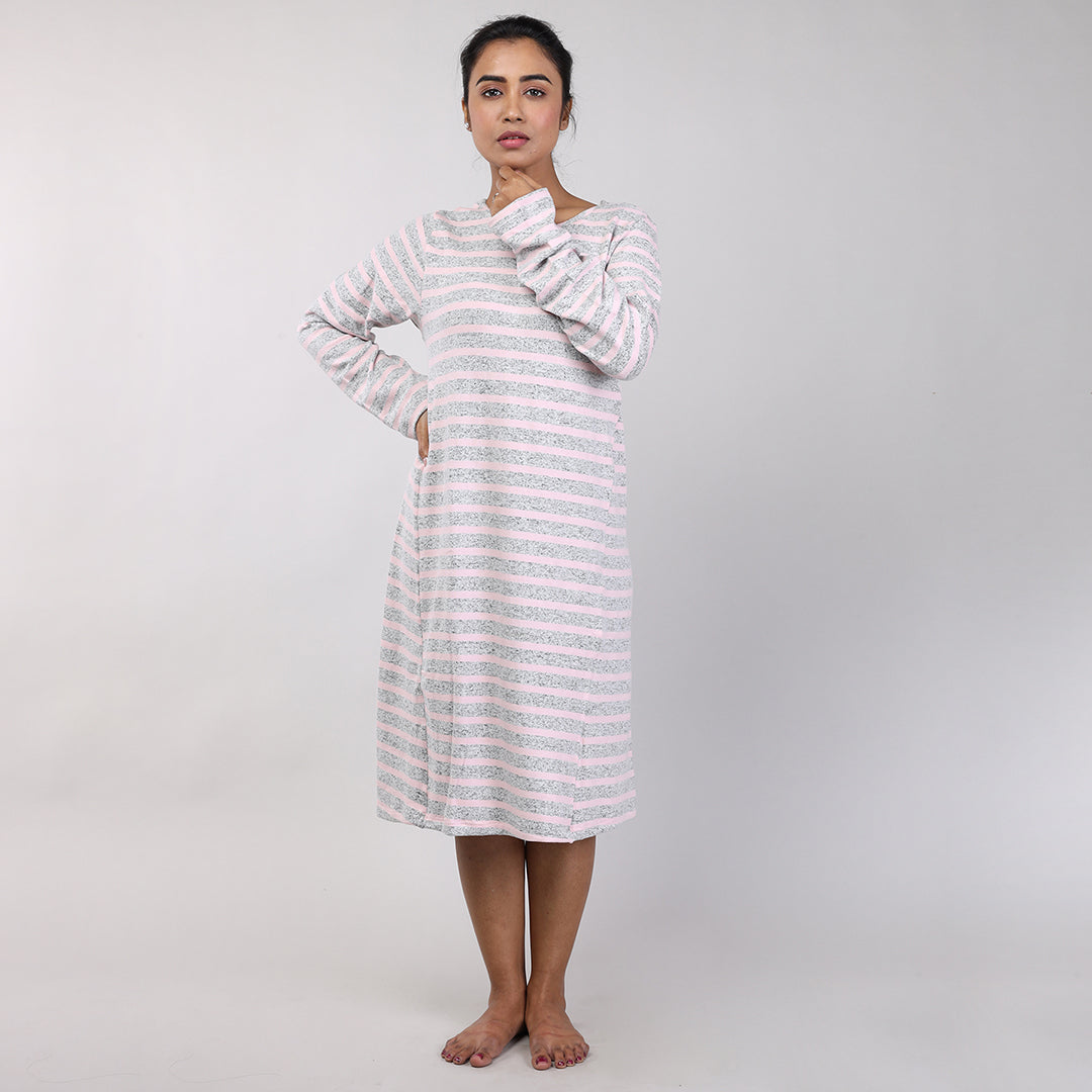 Pink Striped Knitted Women's Winter Nightshirt Cozy & Comfortable