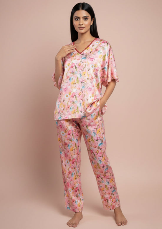 Rose Bloom satin kaftan set in pink by Suman Nathwani, an easy resort-to-everyday silhouette