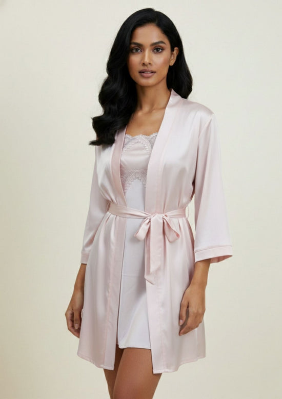 Silken Pearl satin two-piece nighty and gown set in light peach by Suman Nathwani