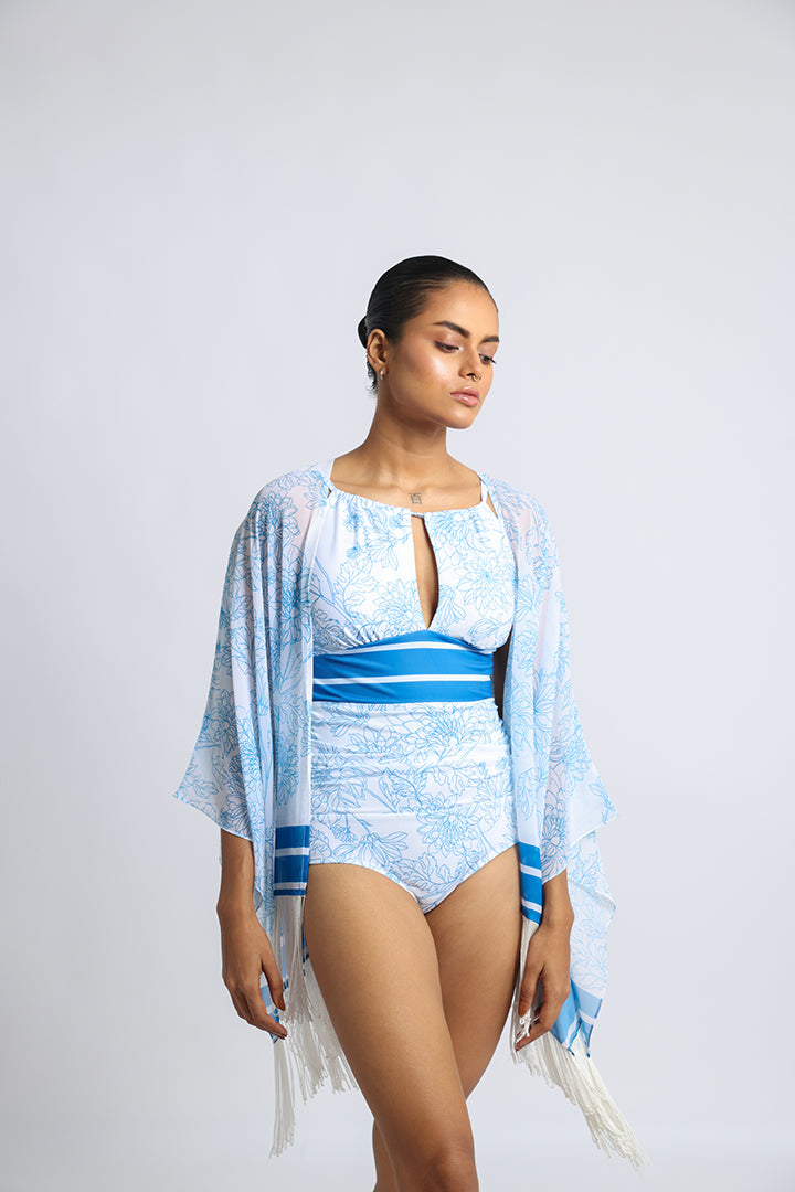 Blue & White Floral Print Shrug: The Perfect Swimwear Companion