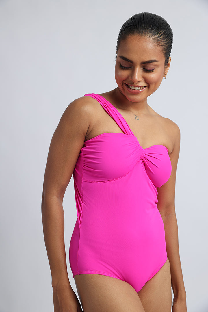 Fuchsia Pink One-Shoulder Twisted-Style Swimsuit: Elegance for Fashionistas