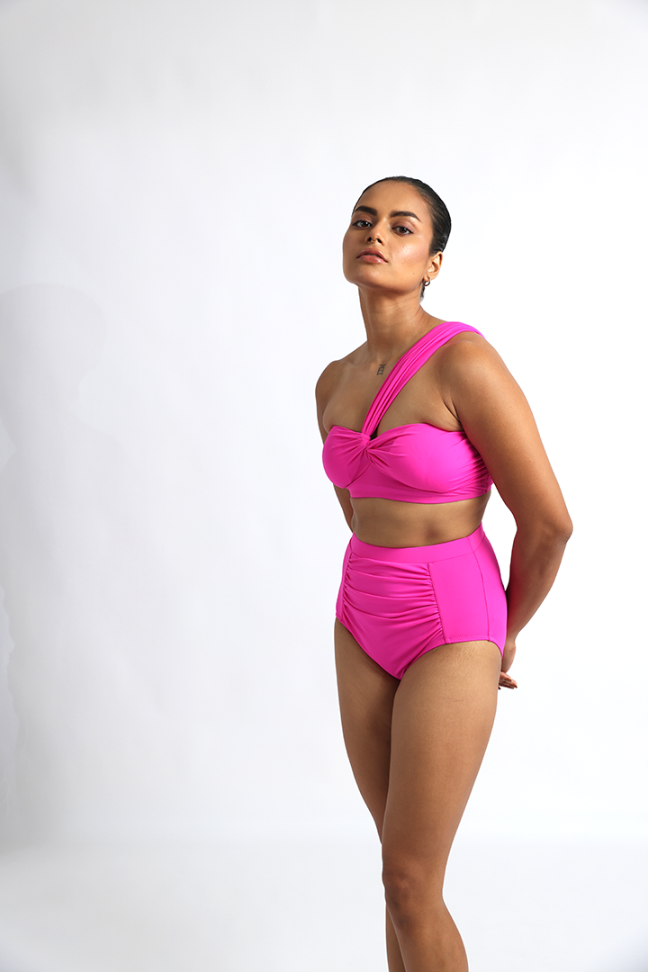 Fuchsia Pink One-Shoulder High-Waist Bikini Set: Fashionista's Dream