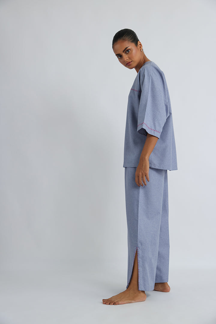 Blue Grey Co-ord Set with Anti-fit Style and Running Stitch Detail
