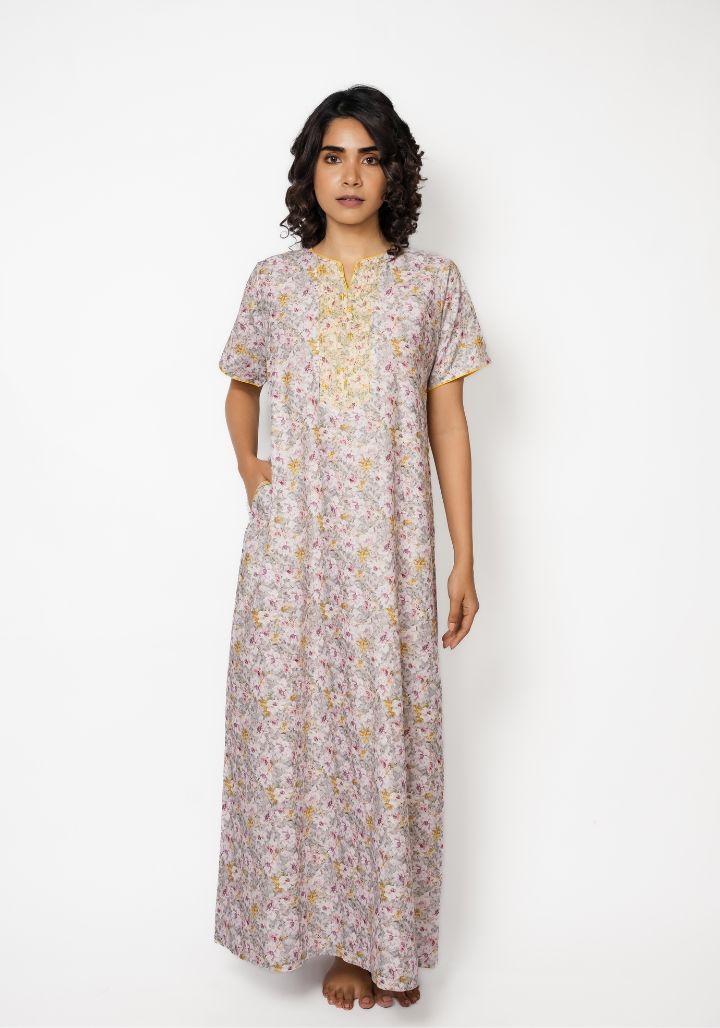 Long Feather-Soft Cotton Nighty with Embroidery Details