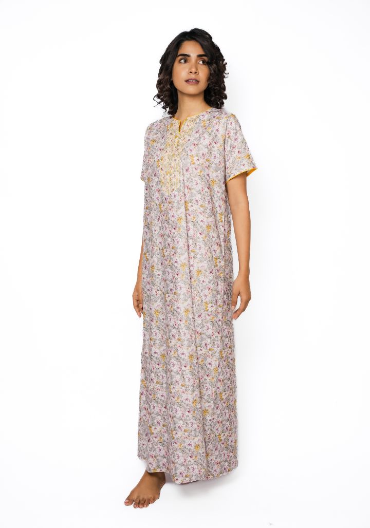 Long Feather-Soft Cotton Nighty with Embroidery Details