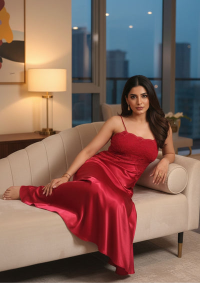 Crimson Allure Satin Bridal 2-Piece Nighty Gown Set