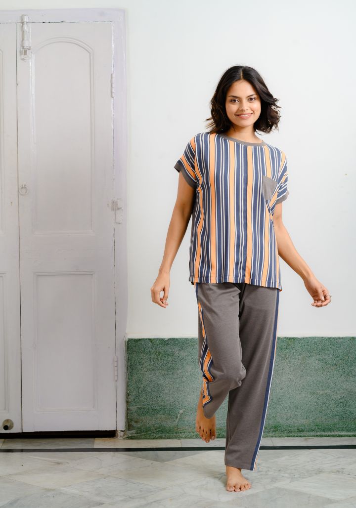 Striped Rayon Pajama Set With Hoisery Fabric