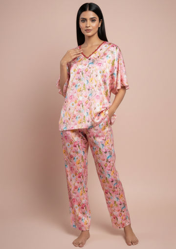Rose Bloom Satin Kaftan Set