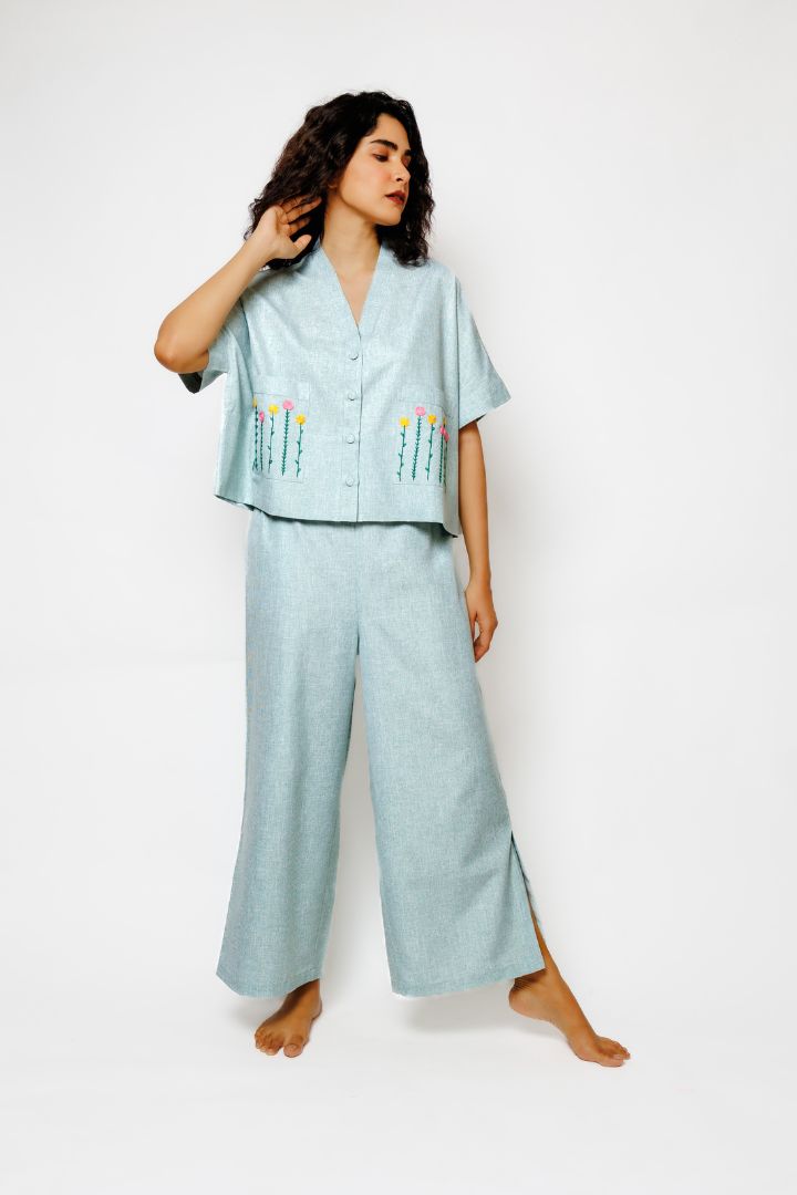 Green Anti-fit Co-ord Set with Hand Embroidery Detail and Broad Pants