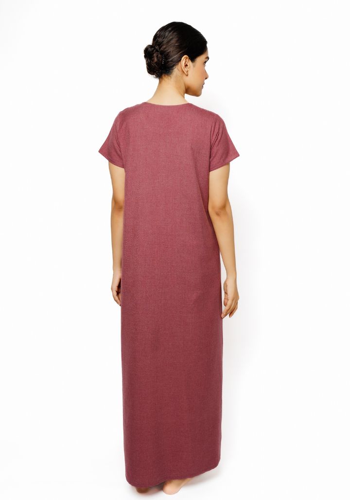 Elegant Cotton Spun Nighty with Hand Embroidery in Maroon