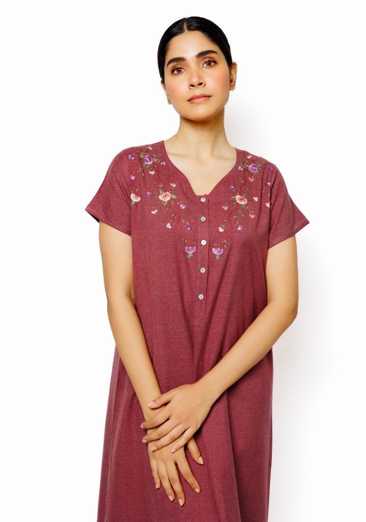 Elegant Cotton Spun Nighty with Hand Embroidery in Maroon