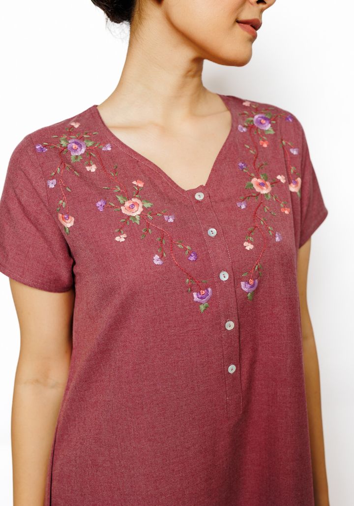 Elegant Cotton Spun Nighty with Hand Embroidery in Maroon