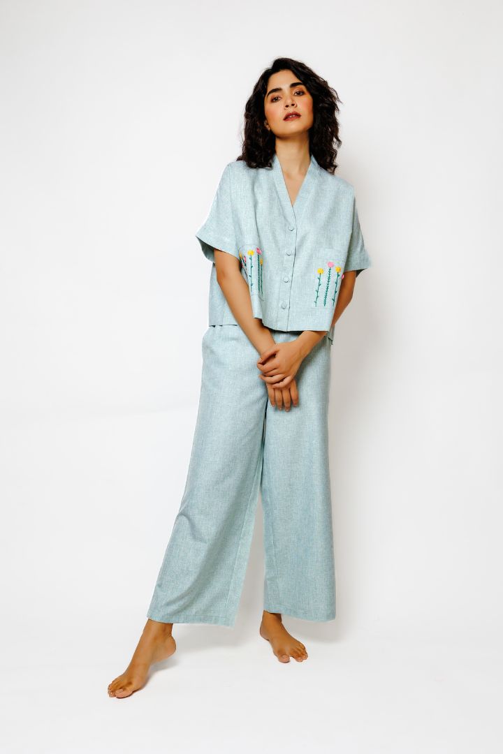 Green Anti-fit Co-ord Set with Hand Embroidery Detail and Broad Pants