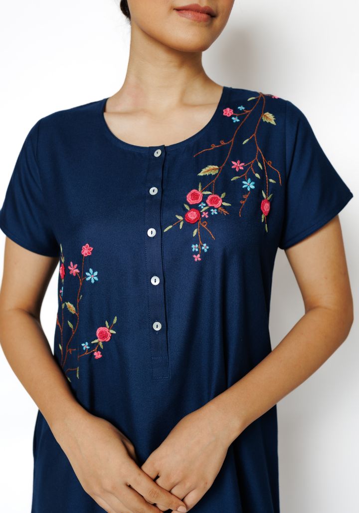 Elegant Cotton Spun Nighty with Hand Embroidery in Blue