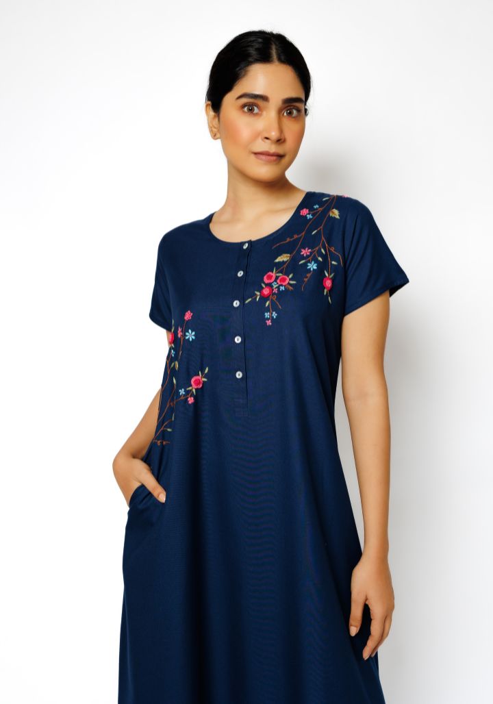 Elegant Cotton Spun Nighty with Hand Embroidery in Blue