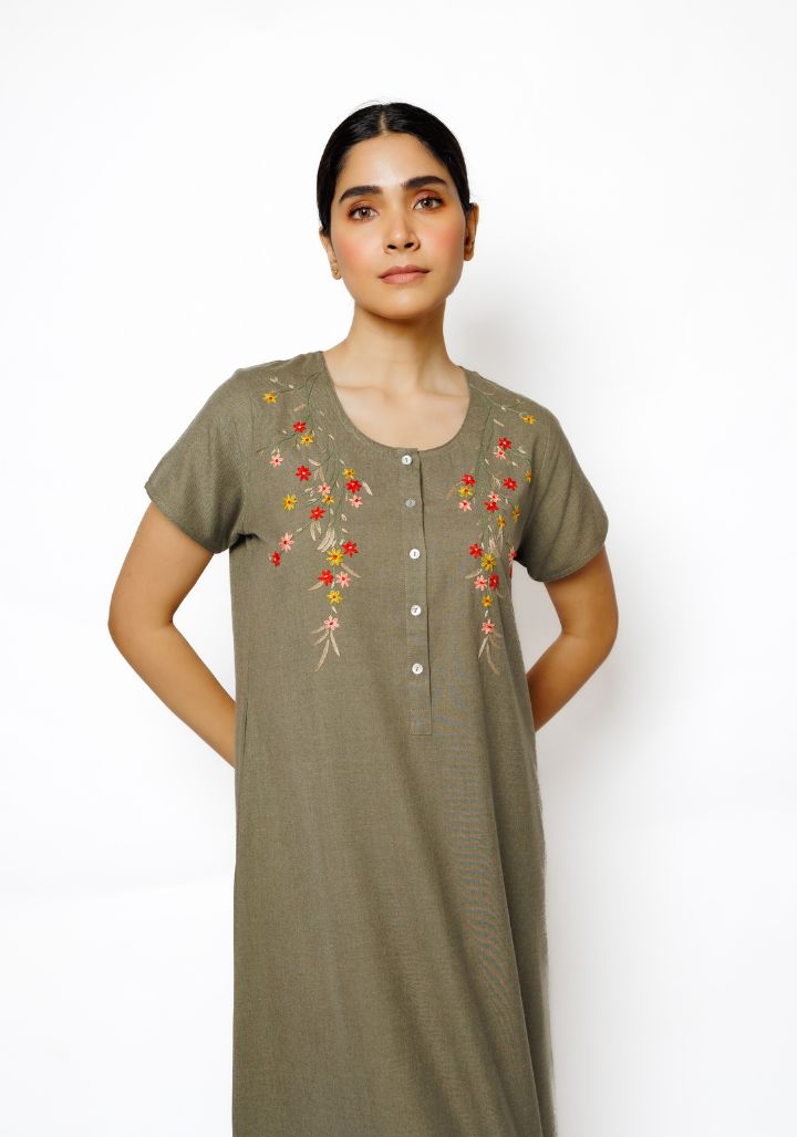 Elegant Cotton Spun Nighty with Hand Embroidery in Moss Green