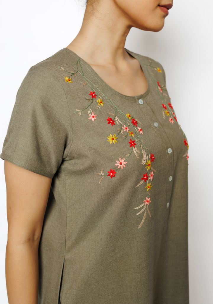 Elegant Cotton Spun Nighty with Hand Embroidery in Moss Green