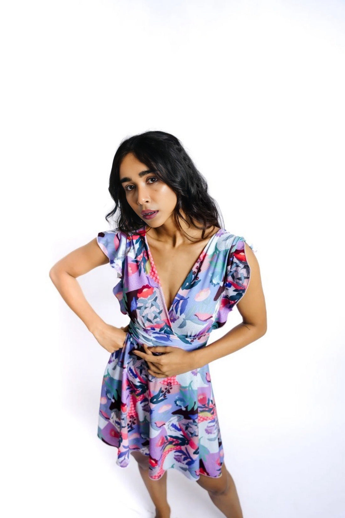 Printed Frock-Style Swim Suit with Wrap Top and Frill Sleeves