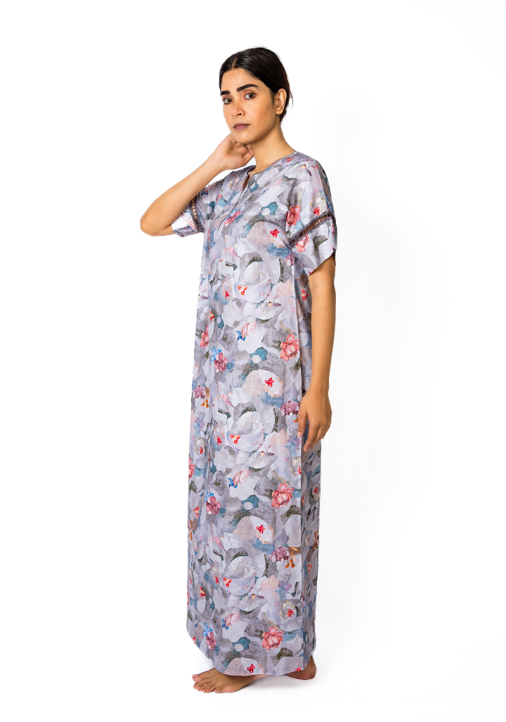 Abstract Print Drop Shoulder Nighty with Lace Sleeve Detail