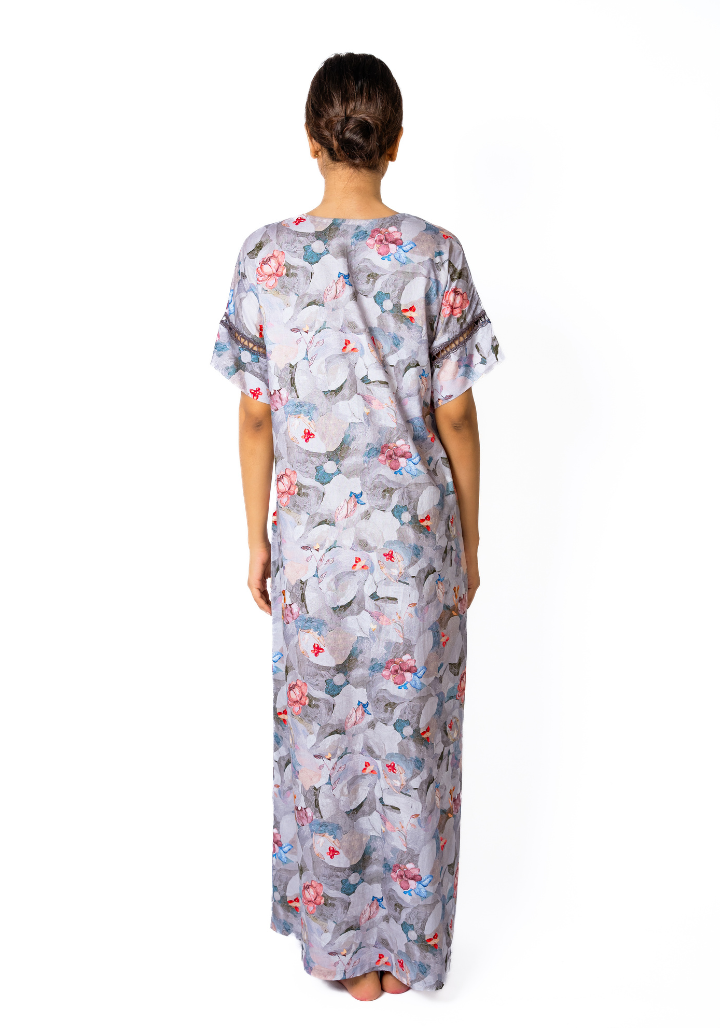 Abstract Print Drop Shoulder Nighty with Lace Sleeve Detail