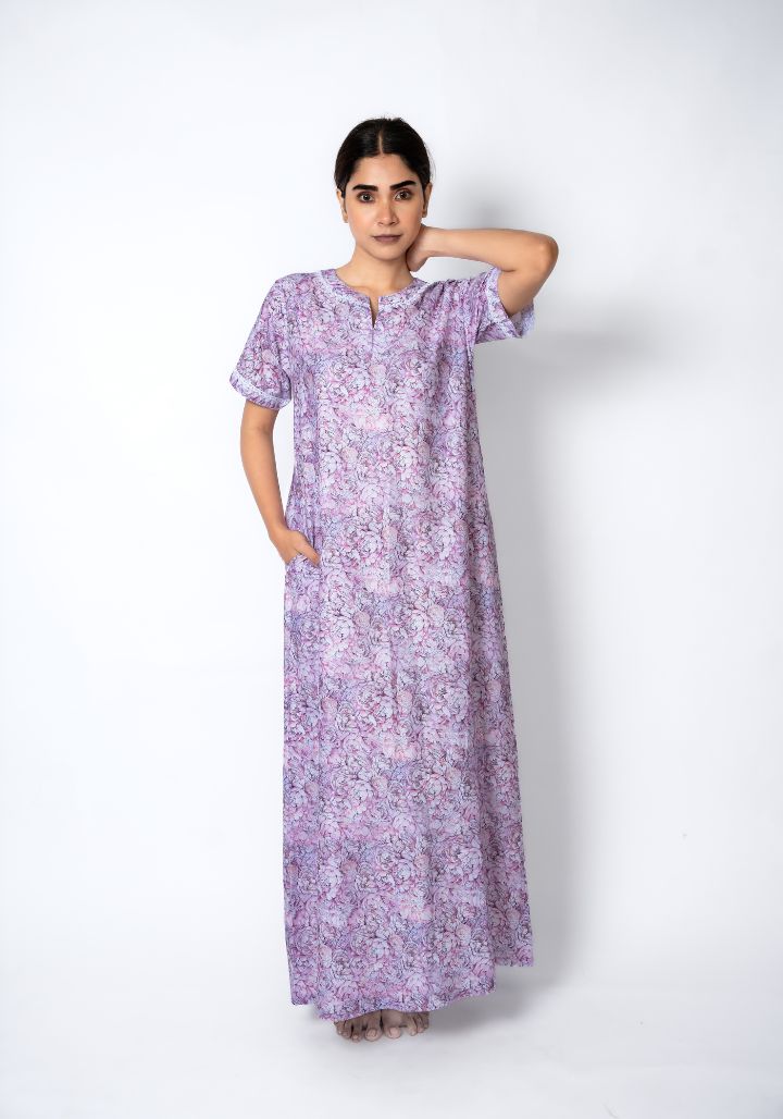 Lavender Print Feather Cotton Nighty with Lace Detail