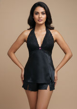 Noir Halter Lace Satin Doll Set