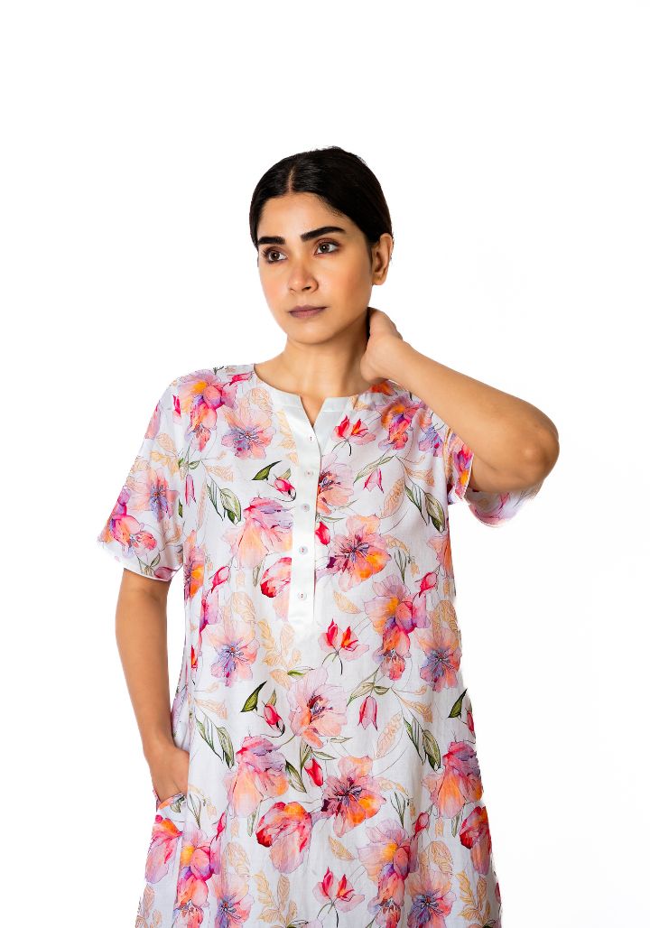 Floral Feather Cotton Nighty with Satin Yoke Finish for Women