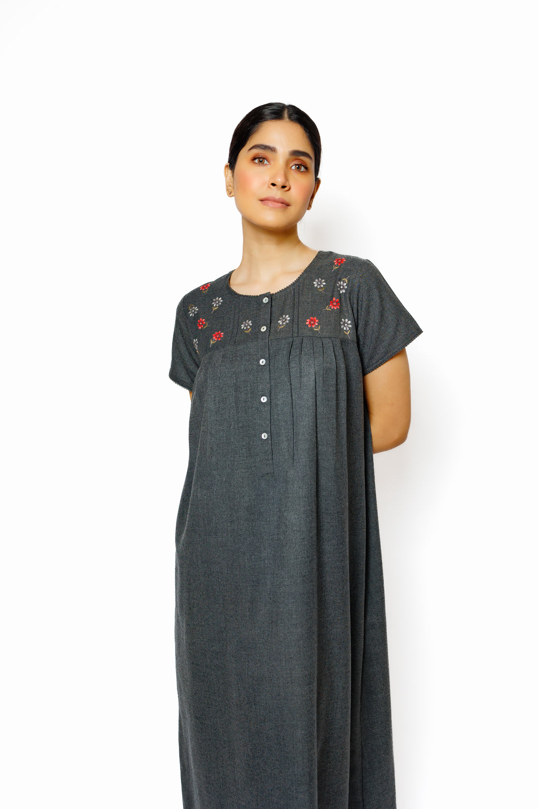 Cotton Spun Nighty with Hand Embroidered Yoke Detail