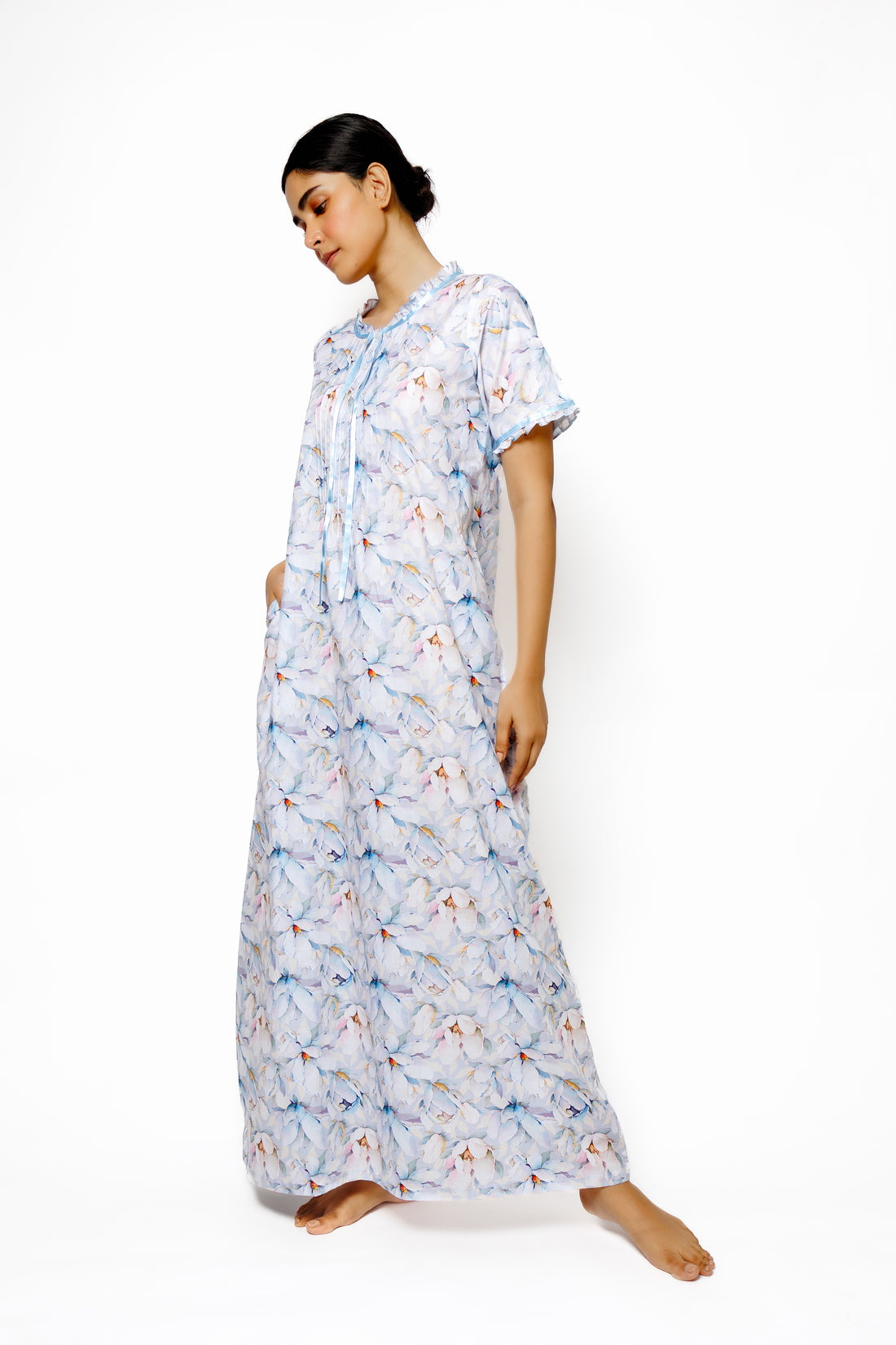 Delicate Floral Print Feather Cotton Nighty with Ribbon & Frill Detail