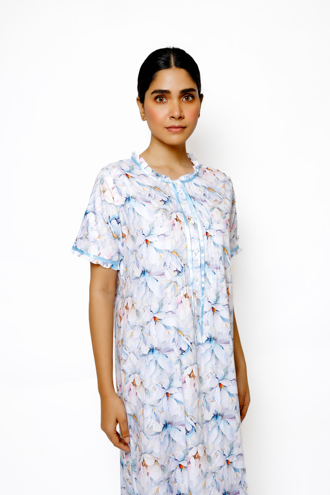 Delicate Floral Print Feather Cotton Nighty with Ribbon & Frill Detail