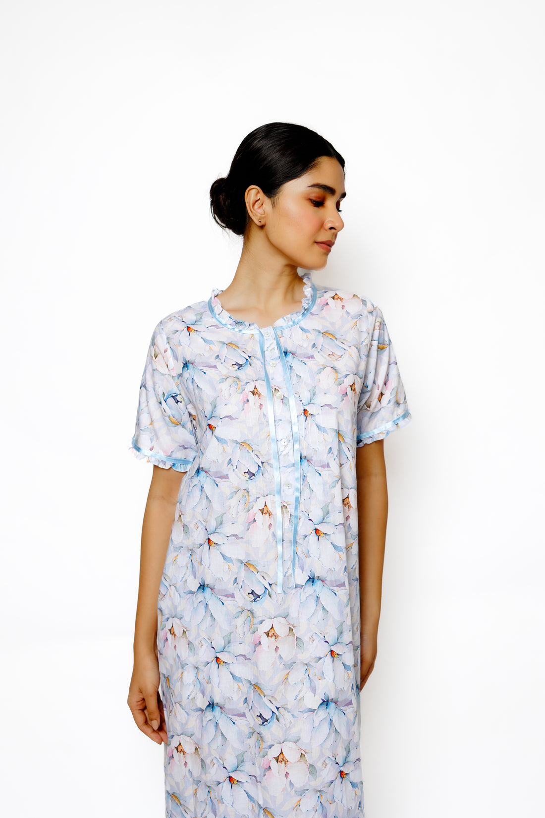 Delicate Floral Print Feather Cotton Nighty with Ribbon & Frill Detail