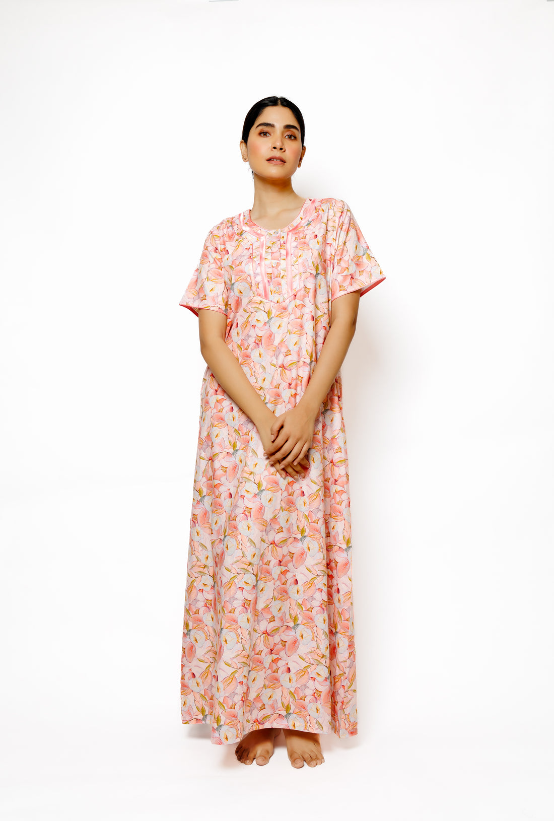 Delicate Floral Cotton Nighty with Satin Yoke Detail