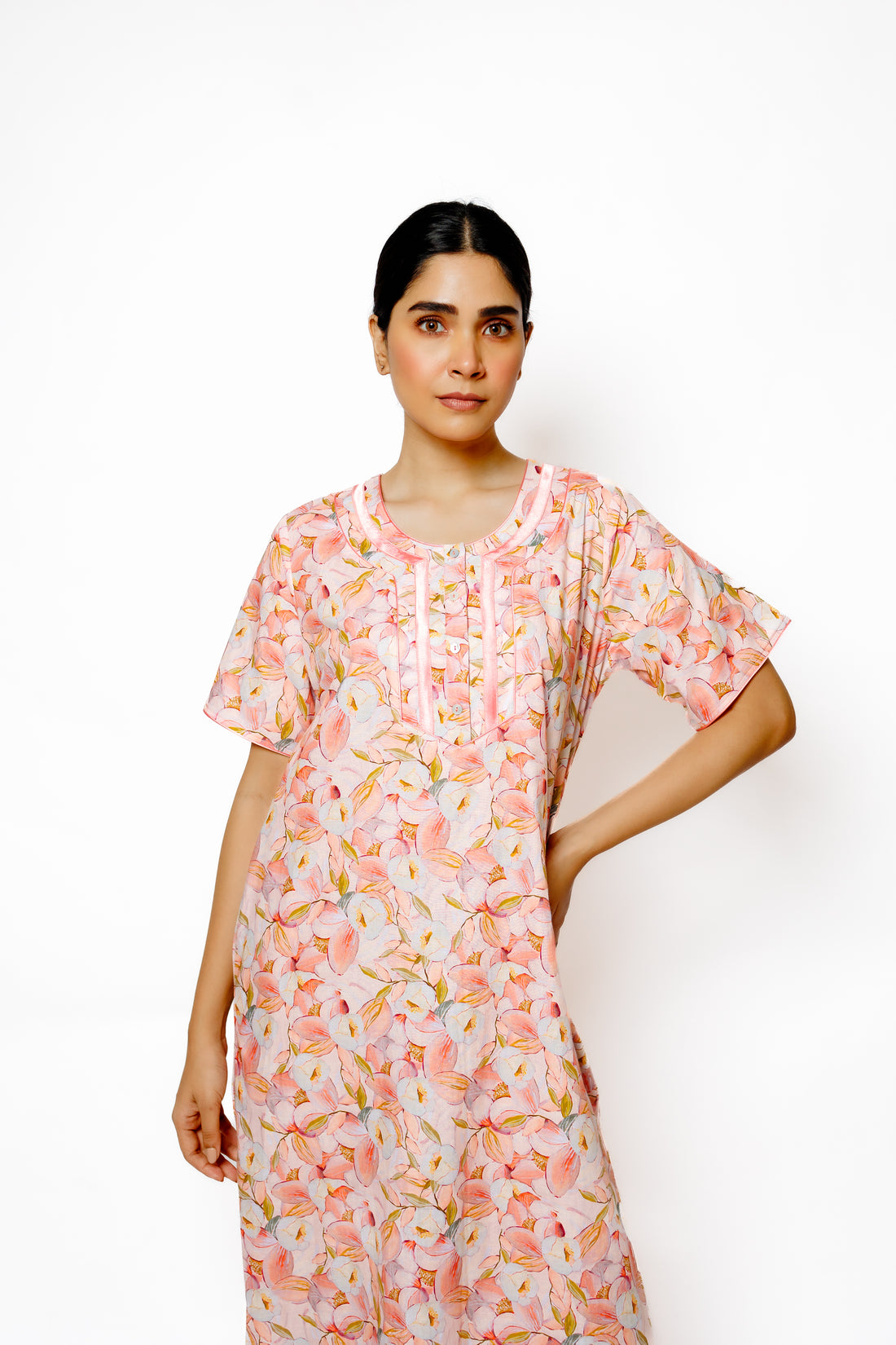 Delicate Floral Cotton Nighty with Satin Yoke Detail