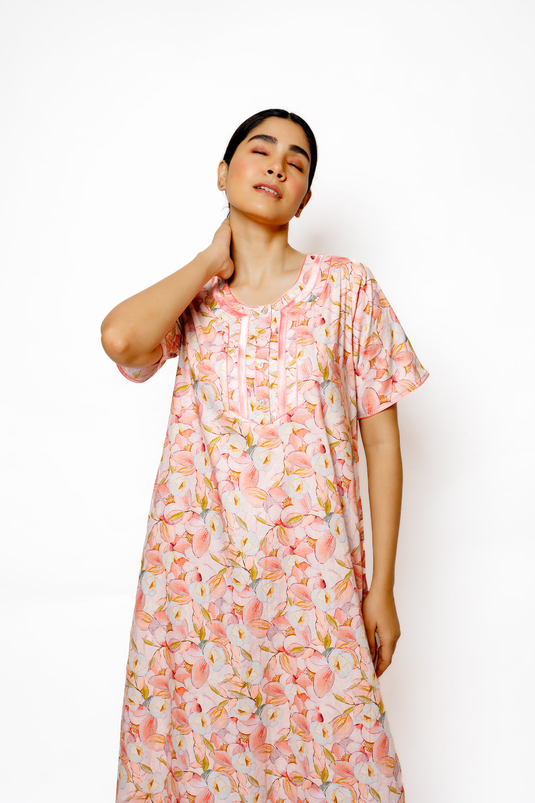 Delicate Floral Cotton Nighty with Satin Yoke Detail