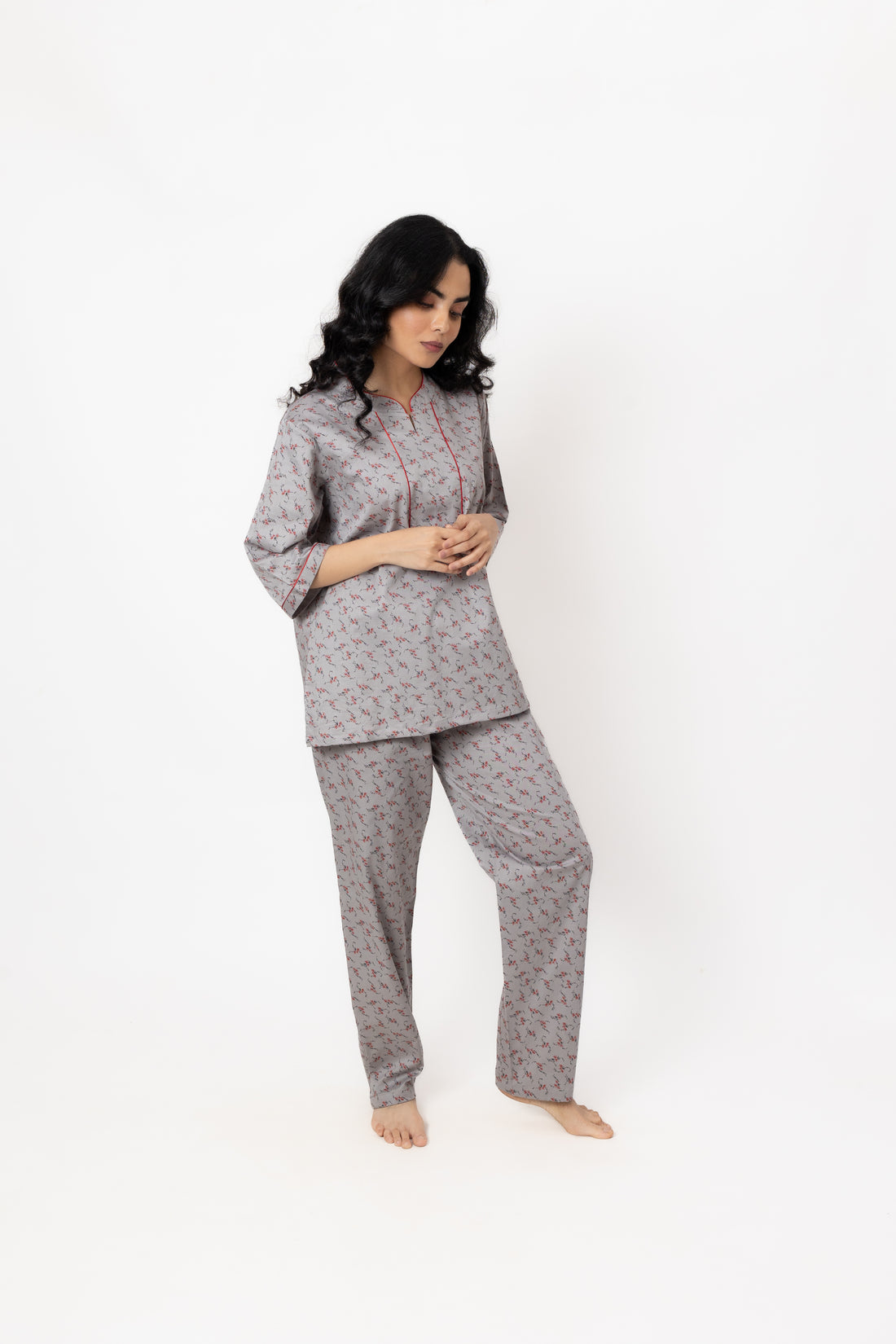 Printed Cotton Night Suit with Piping Details