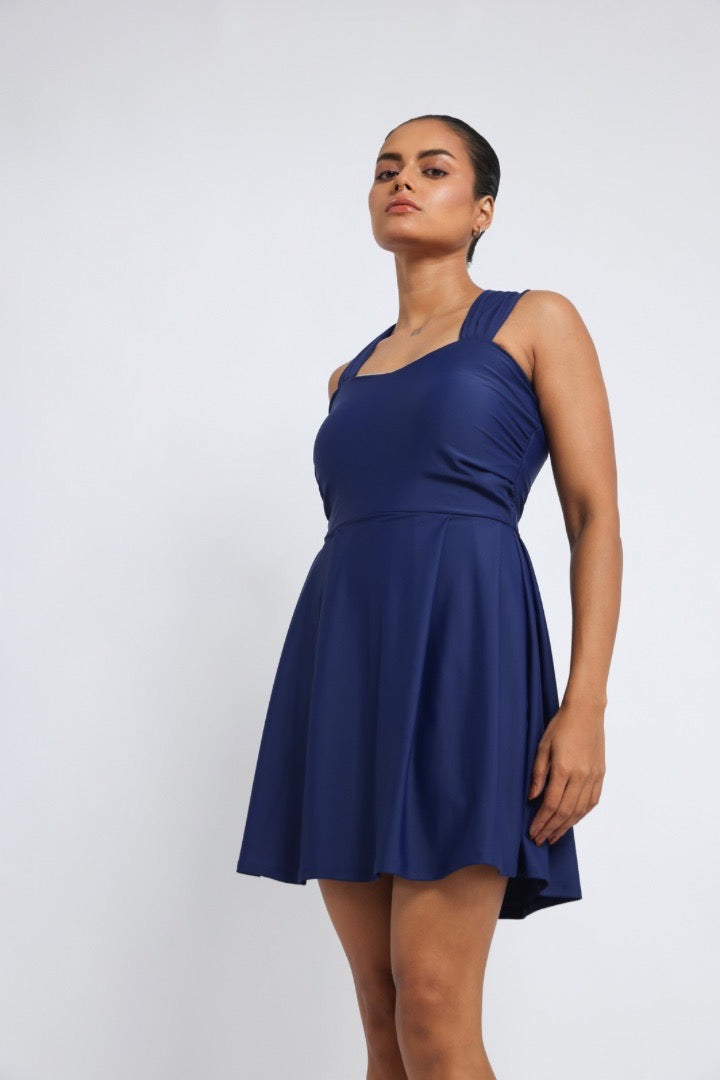 Navy Blue Classic Frock -Style Swimsuit with Shorts